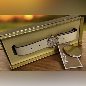 NWT MICHAEL KORS IVORY/CREAM 25MM PAVE LOGO BELT IN BOX L/XL